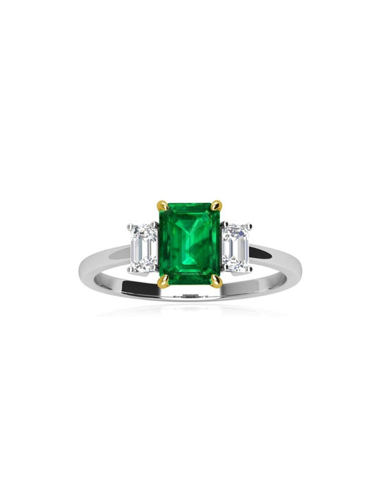 Anillo Trinidad con Esmeralda en Plata 925 y Baño de Oro Blanco de 18 kt.