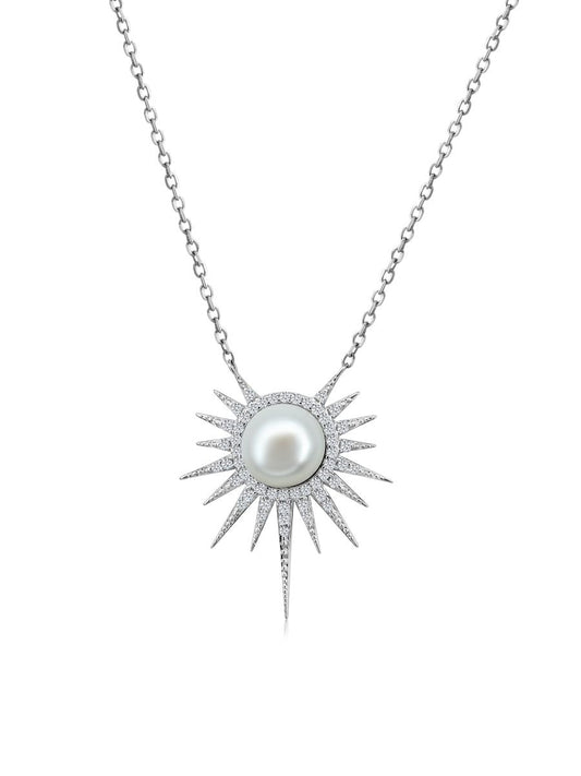 Collar Helios con Perla en Plata 925 y Baño de Oro Blanco de 18 kt.