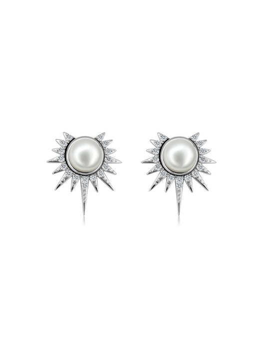 Aretes Helios con Perla 2 en 1 en Plata 925 y Baño de Oro Blanco de 18 kt.