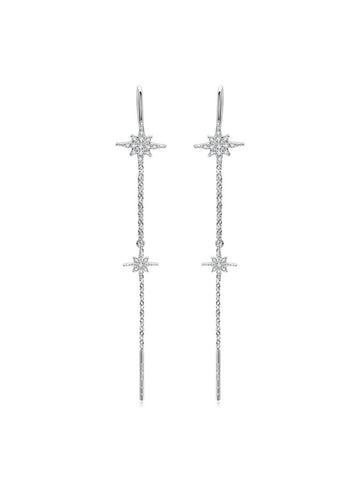 Aretes Lluvia de Estrellas con  Diamante Moissanite en Plata 925 y Baño de Oro Blanco de 18 kt.