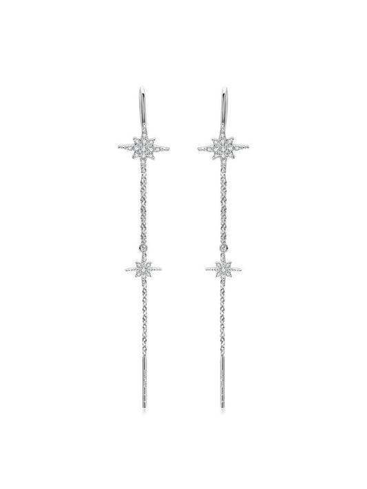 Aretes Lluvia de Estrellas con  Diamante Moissanite en Plata 925 y Baño de Oro Blanco de 18 kt.