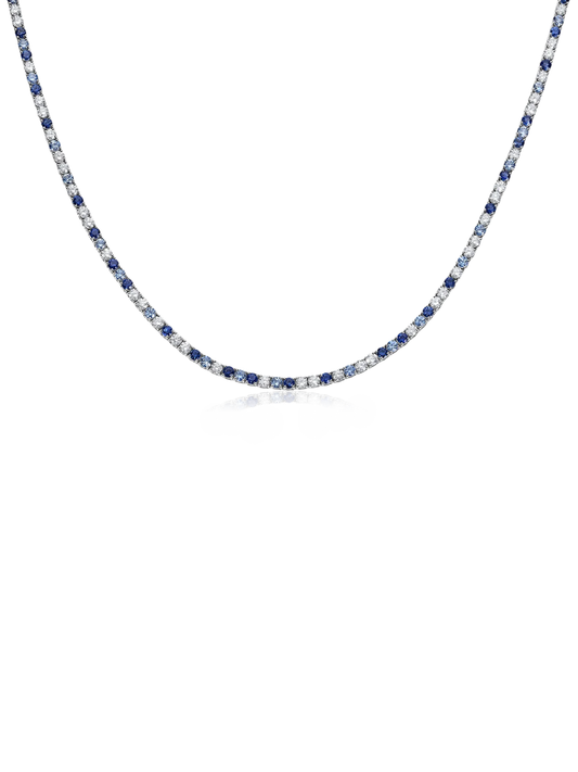 Collar Tennis con Zafiro Azul y Diamante Moissanite en Plata 925 con Baño de Oro Blanco de 18 kt Diana