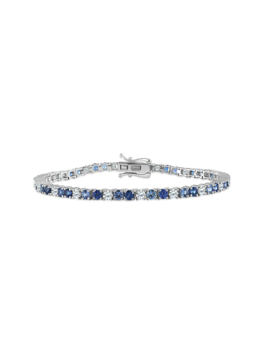 Brazalete Tennis de 3 mm con Zafiro Azul y Diamante Moissanite en Plata 925 con Baño de Oro Blanco de 18 kt Diana