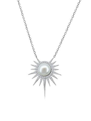 Collar Helios con Perla en Plata 925 y Baño de Oro Blanco de 18 kt.