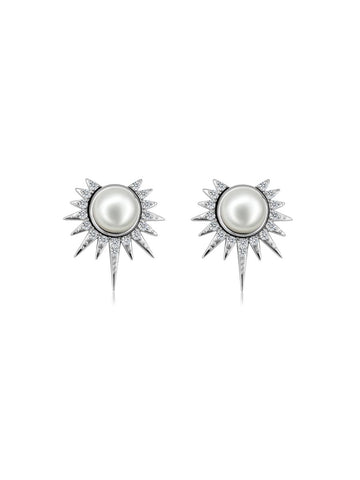 Aretes Helios con Perla 2 en 1 en Plata 925 y Baño de Oro Blanco de 18 kt.