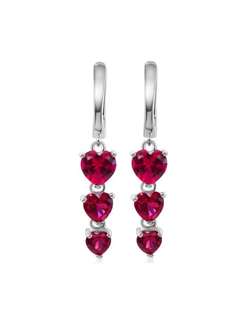 Aretes Corazones con Rubi en Plata 925 y Baño de Oro Blanco de 18kt.