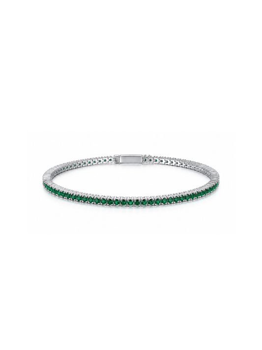 Brazalete Tennis 2mm con Esmeralda en Plata 925 y Baño de Oro Blanco de 18 kt.